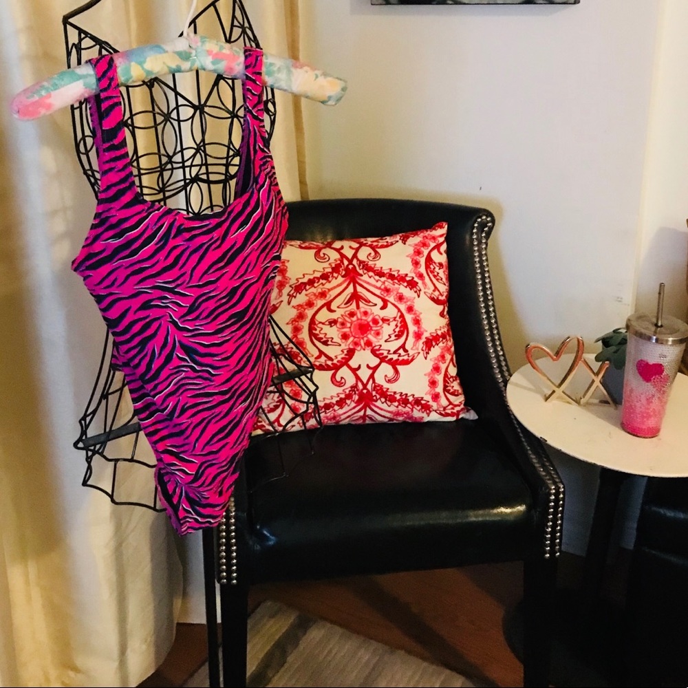 Simons Bright Pink Black Stripped Bathingsuit